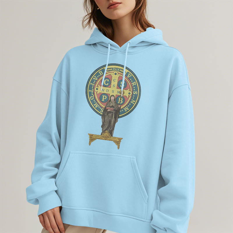 Christianartworkshop Classic Colored Style St. Benedict Medal Statue Fleece Lined Polyester Hoodie