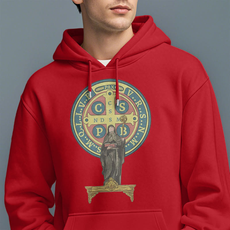 Christianartworkshop Classic Colored Style St. Benedict Medal Statue Fleece Lined Polyester Hoodie