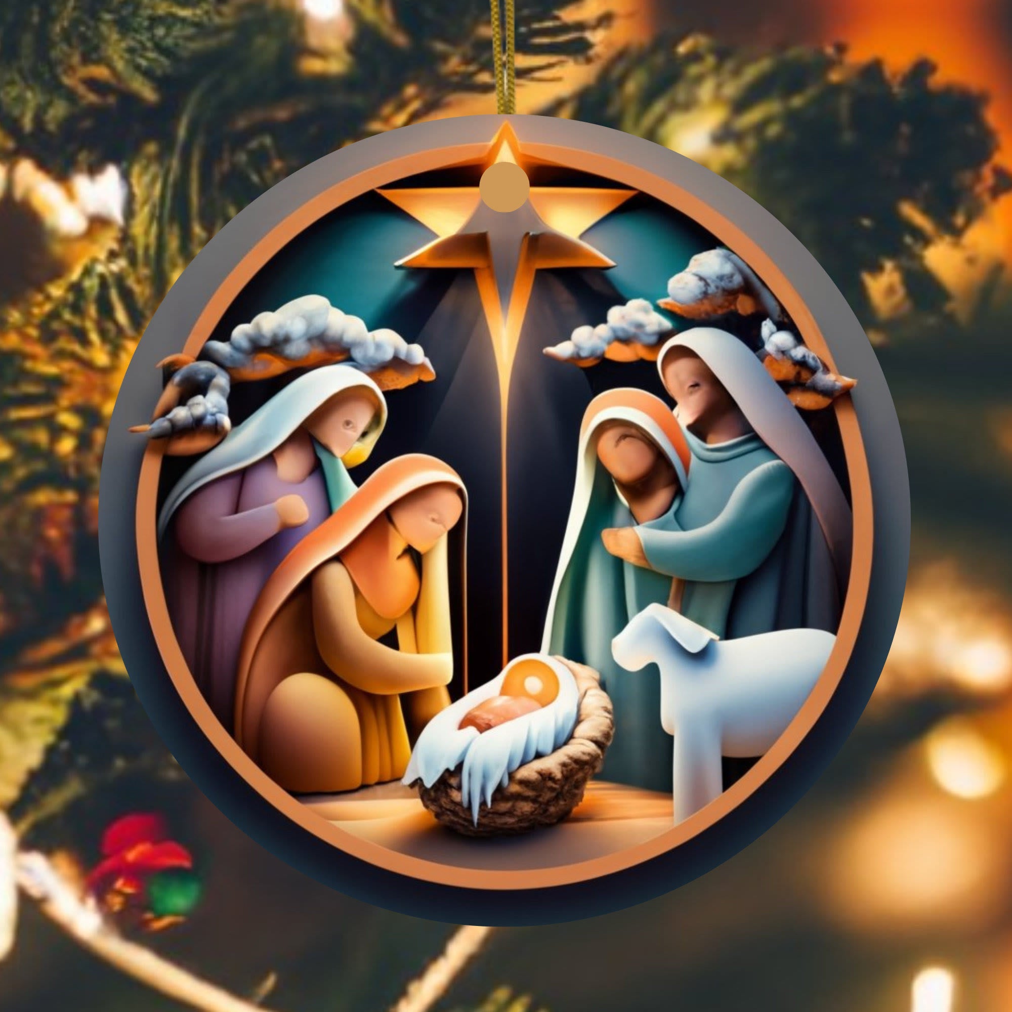 Christianartworkshop Klassische Weihnachtskrippe im farbigen Stil mit Sternenmotiv, Weihnachtskrippe zum Aufhängen