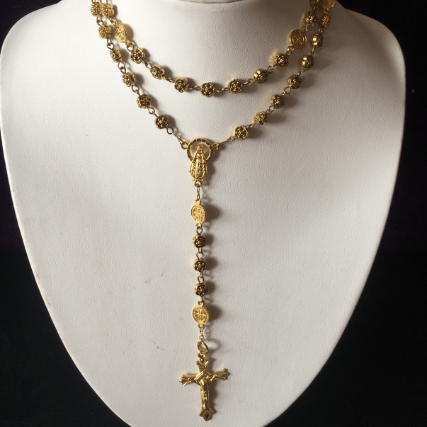 christiandiscipleshop Virgin Mary & Crucifix of 6 mm Rose Retro Gold Copper Alloy Chain Rosary