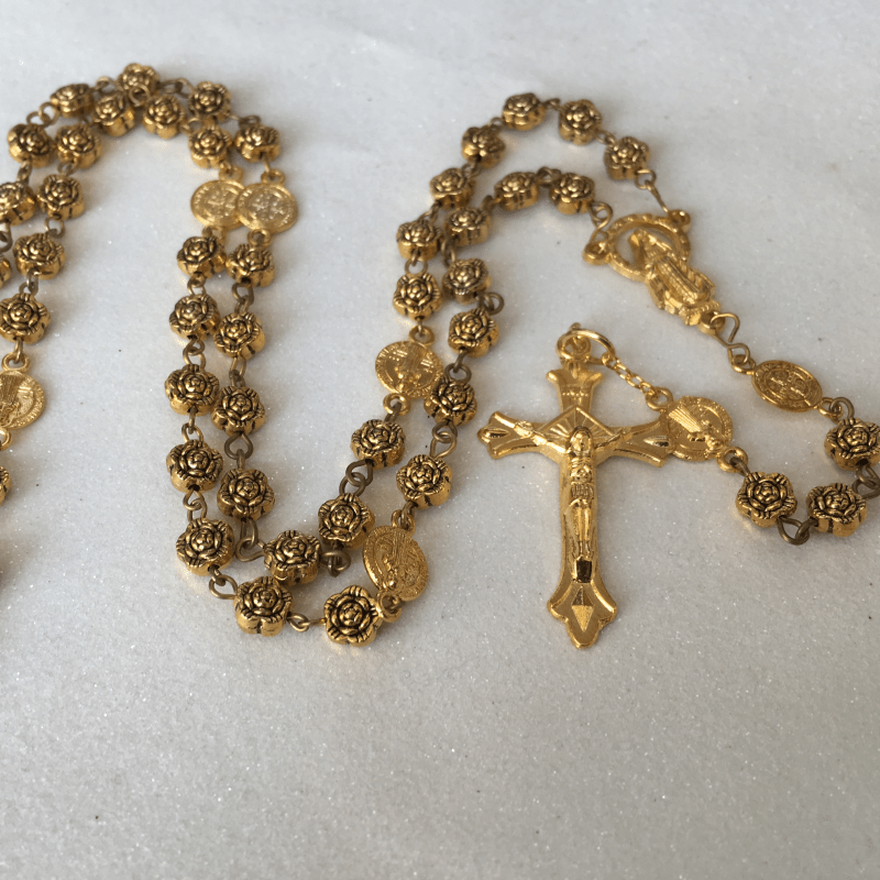 christiandiscipleshop Virgin Mary & Crucifix of 6 mm Rose Retro Gold Copper Alloy Chain Rosary