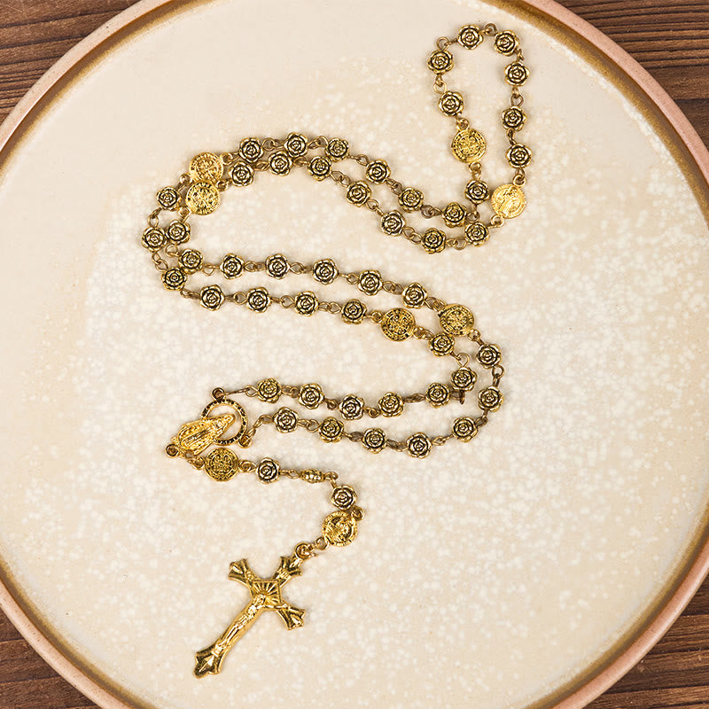 christiandiscipleshop Virgin Mary & Crucifix of 6 mm Rose Retro Gold Copper Alloy Chain Rosary