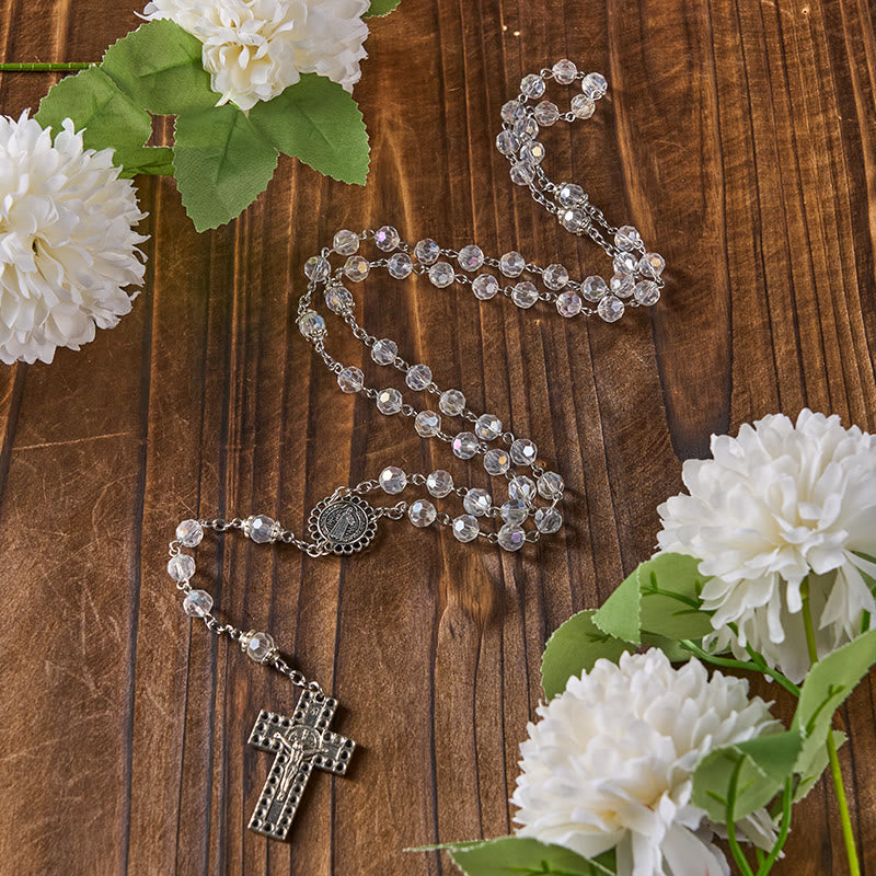 Christiandiscipleshop St. Benedict Medal & Crucifix of 8mm Polyhedron Clear Crystal Alloy Chain Rosary