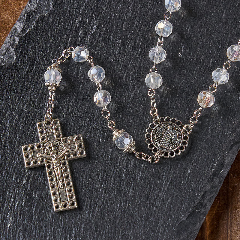Christiandiscipleshop St. Benedict Medal & Crucifix of 8mm Polyhedron Clear Crystal Alloy Chain Rosary