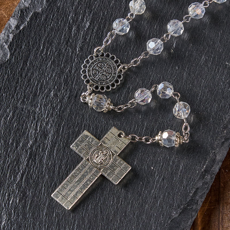 Christiandiscipleshop St. Benedict Medal & Crucifix of 8mm Polyhedron Clear Crystal Alloy Chain Rosary