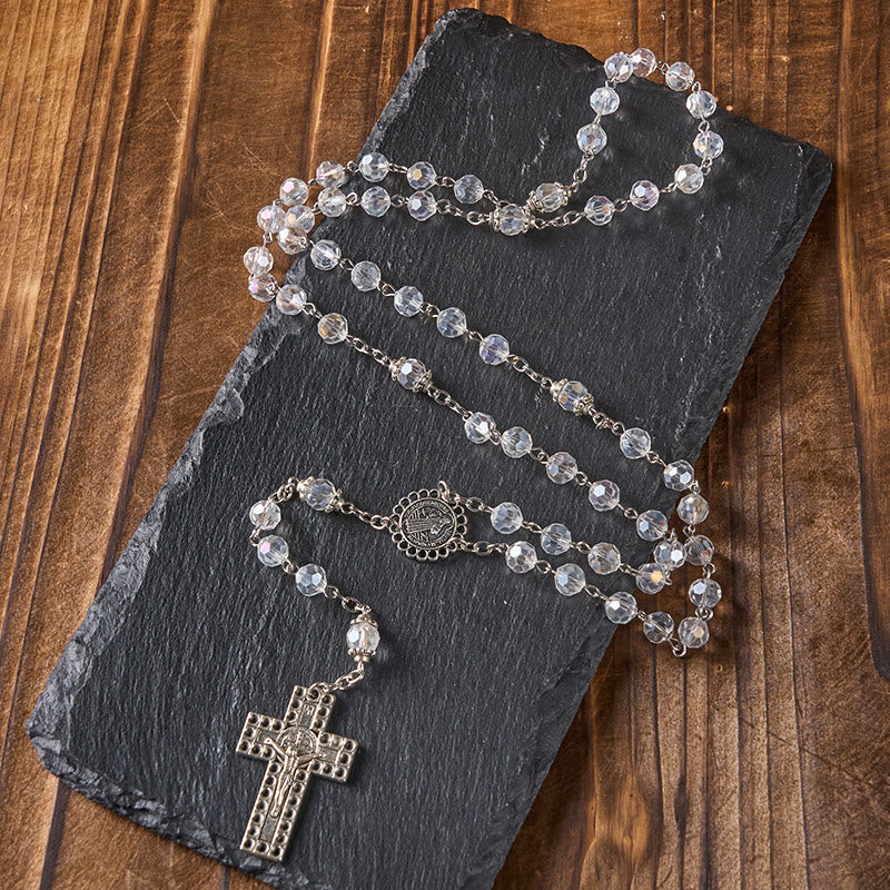 Christiandiscipleshop St. Benedict Medal & Crucifix of 8mm Polyhedron Clear Crystal Alloy Chain Rosary