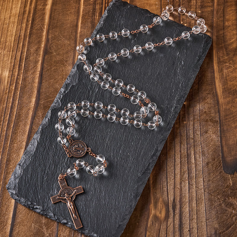 Christiandiscipleshop St. Benedict Medal & Crucifix of 8mm Round Clear Glass Alloy Chain Rosary