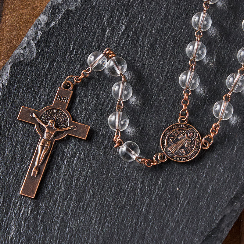 Christiandiscipleshop St. Benedict Medal & Crucifix of 8mm Round Clear Glass Alloy Chain Rosary