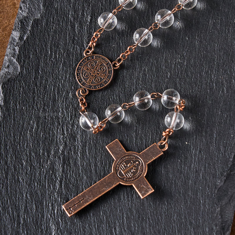 Christiandiscipleshop St. Benedict Medal & Crucifix of 8mm Round Clear Glass Alloy Chain Rosary