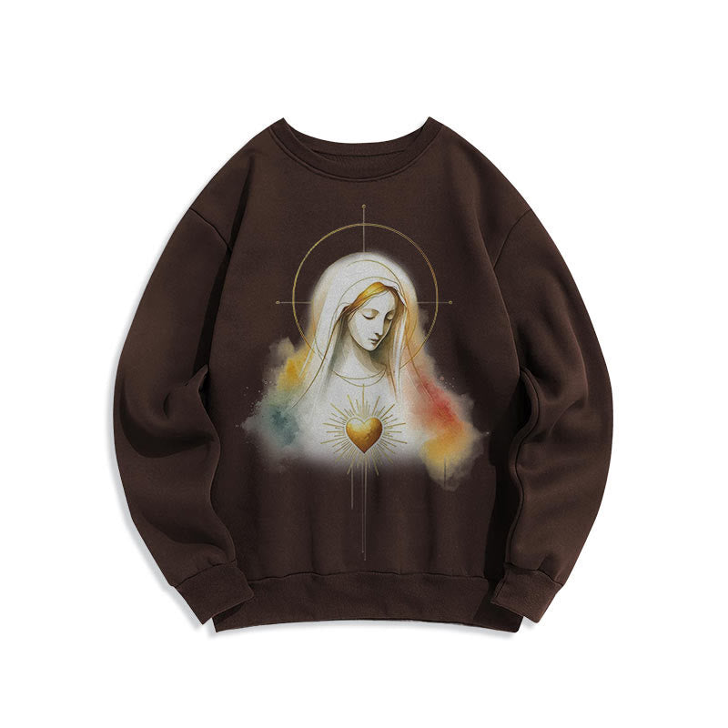 christiandiscipleshop Modern Style Halo Sacred Heart Virgin Mary Fleece Lined Polyester Sweatshirt