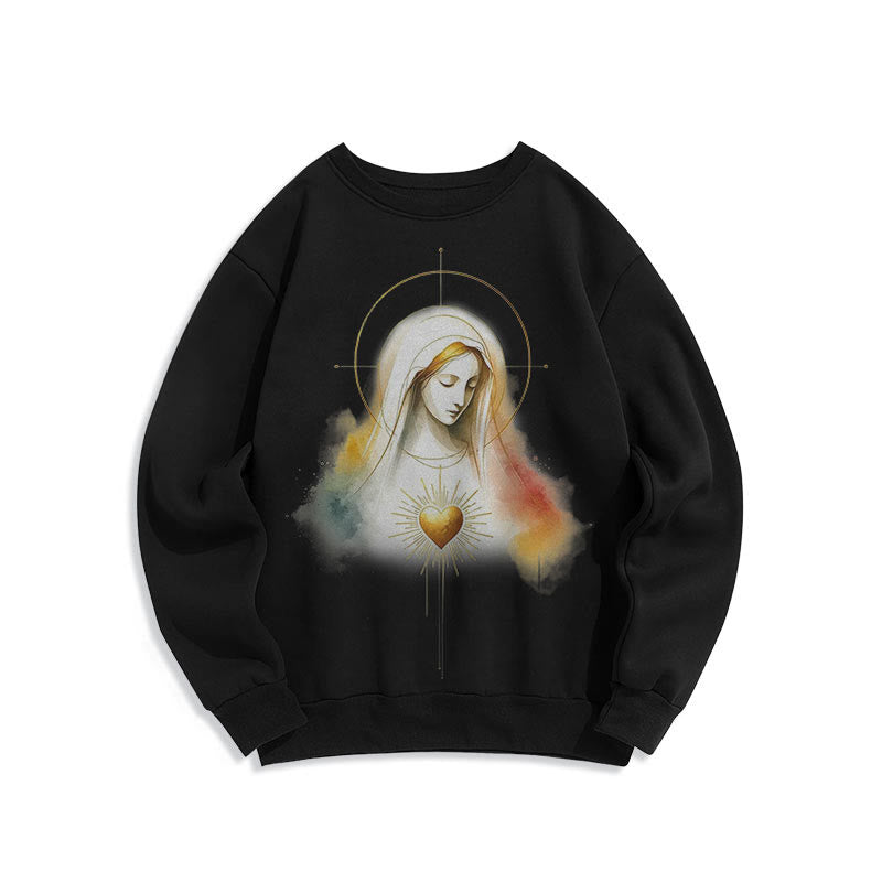 christiandiscipleshop Modern Style Halo Sacred Heart Virgin Mary Fleece Lined Polyester Sweatshirt