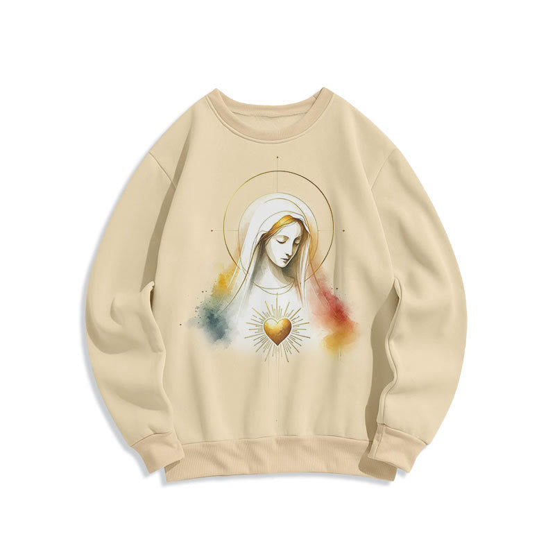christiandiscipleshop Modern Style Halo Sacred Heart Virgin Mary Fleece Lined Polyester Sweatshirt