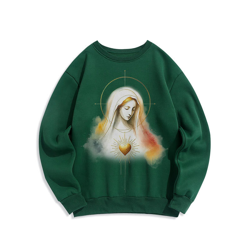 christiandiscipleshop Modern Style Halo Sacred Heart Virgin Mary Fleece Lined Polyester Sweatshirt