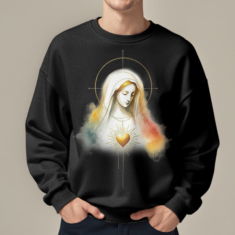 christiandiscipleshop Modern Style Halo Sacred Heart Virgin Mary Fleece Lined Polyester Sweatshirt