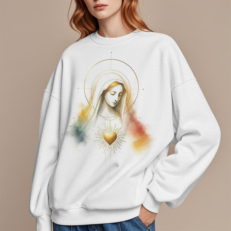 christiandiscipleshop Modern Style Halo Sacred Heart Virgin Mary Fleece Lined Polyester Sweatshirt