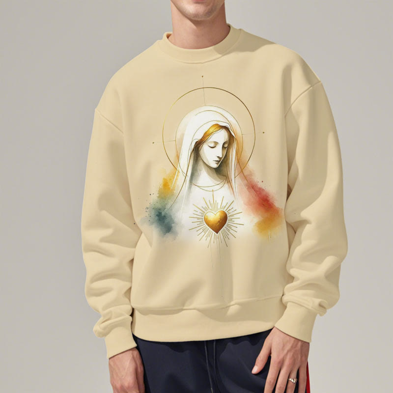 christiandiscipleshop Modern Style Halo Sacred Heart Virgin Mary Fleece Lined Polyester Sweatshirt
