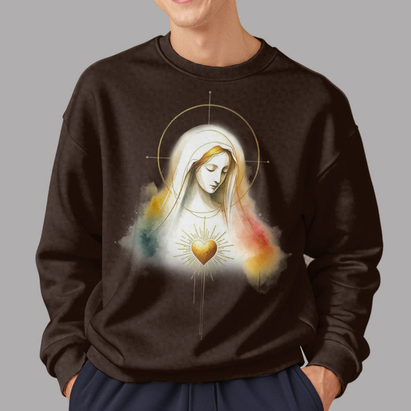 christiandiscipleshop Modern Style Halo Sacred Heart Virgin Mary Fleece Lined Polyester Sweatshirt