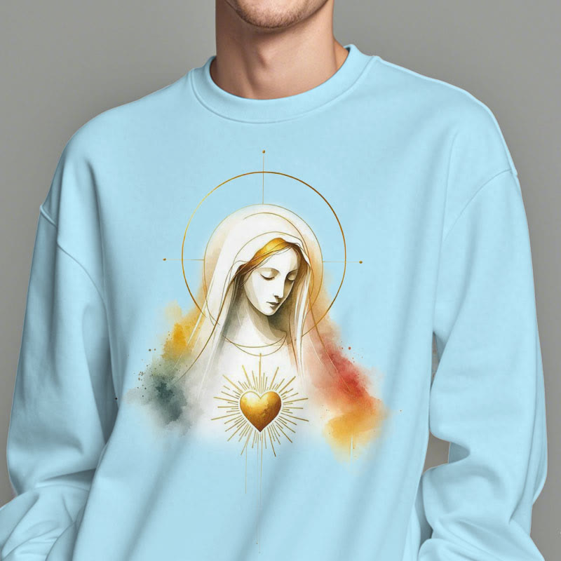 christiandiscipleshop Modern Style Halo Sacred Heart Virgin Mary Fleece Lined Polyester Sweatshirt