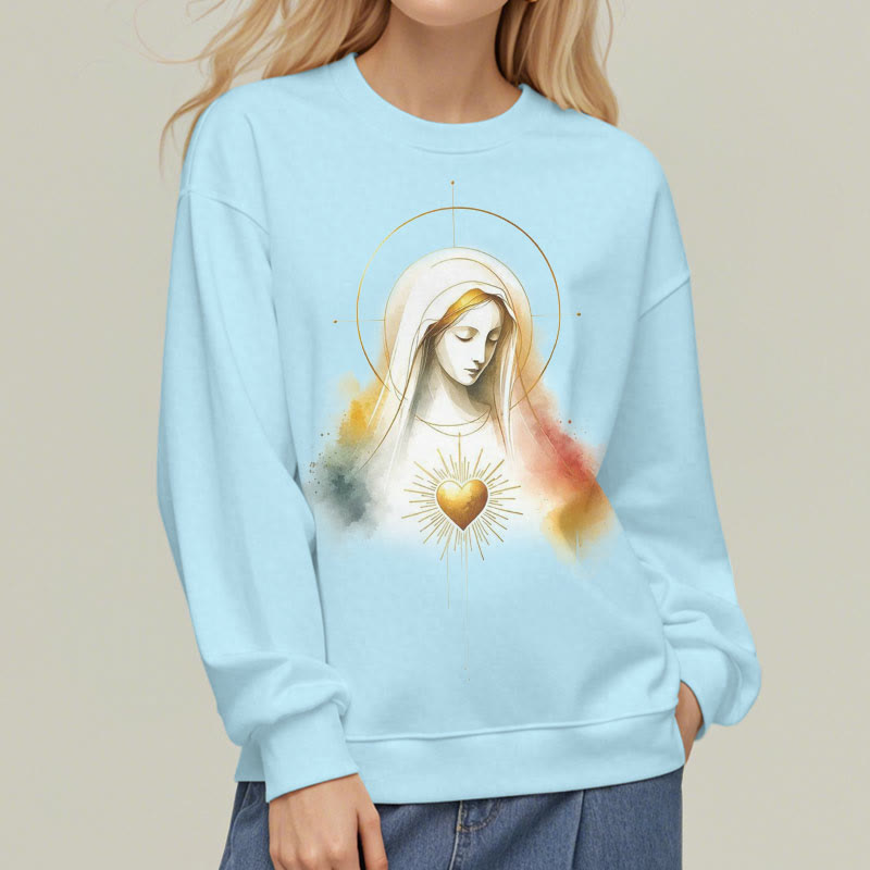 christiandiscipleshop Modern Style Halo Sacred Heart Virgin Mary Fleece Lined Polyester Sweatshirt