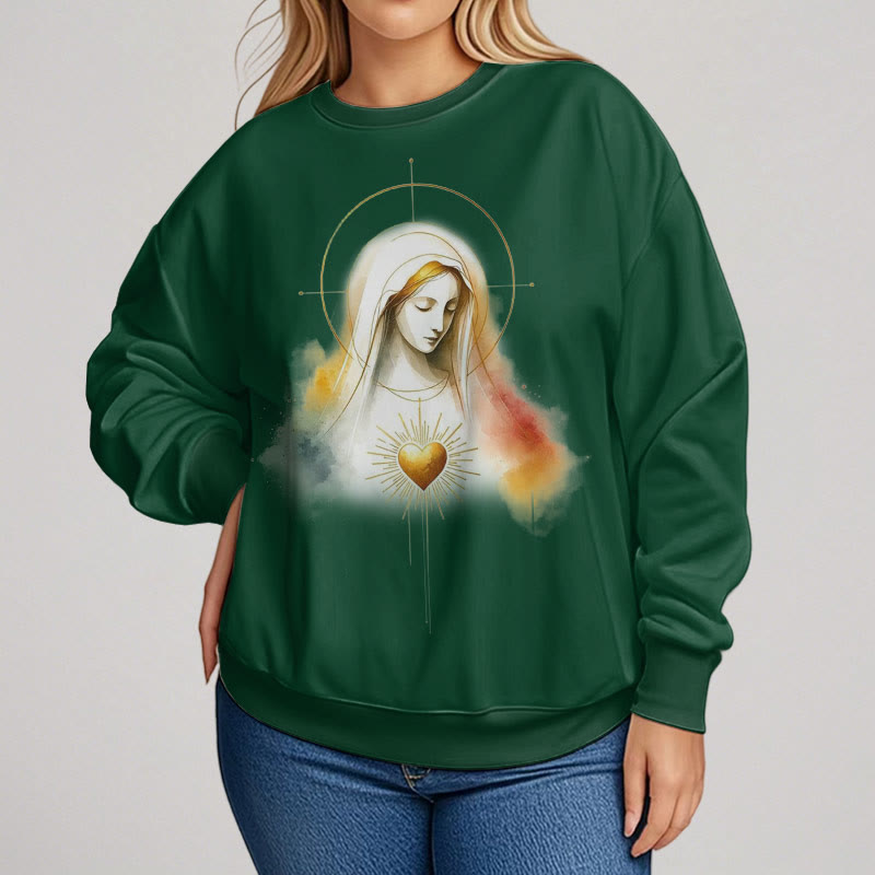 christiandiscipleshop Modern Style Halo Sacred Heart Virgin Mary Fleece Lined Polyester Sweatshirt