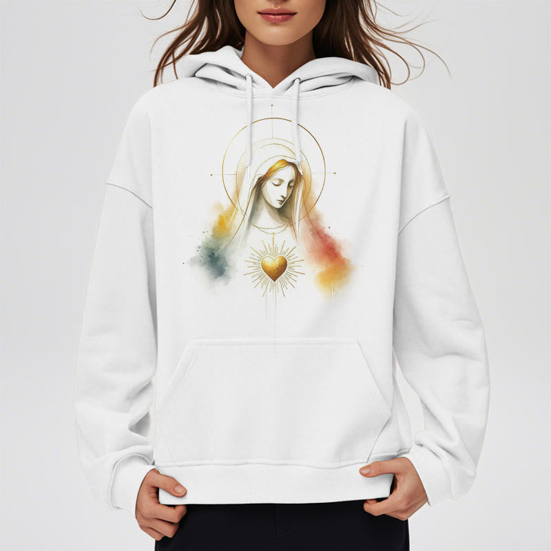 christiandiscipleshop Modern Style Halo Sacred Heart Virgin Mary Fleece Lined Polyester Hoodie