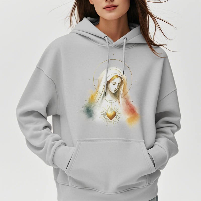 christiandiscipleshop Modern Style Halo Sacred Heart Virgin Mary Fleece Lined Polyester Hoodie