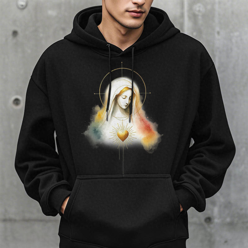 christiandiscipleshop Modern Style Halo Sacred Heart Virgin Mary Fleece Lined Polyester Hoodie