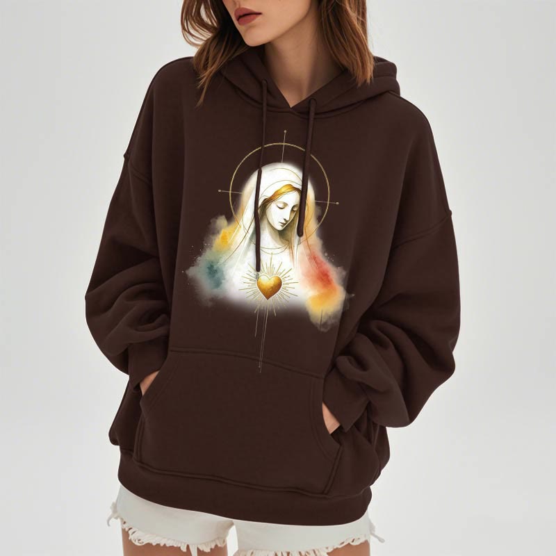 christiandiscipleshop Modern Style Halo Sacred Heart Virgin Mary Fleece Lined Polyester Hoodie