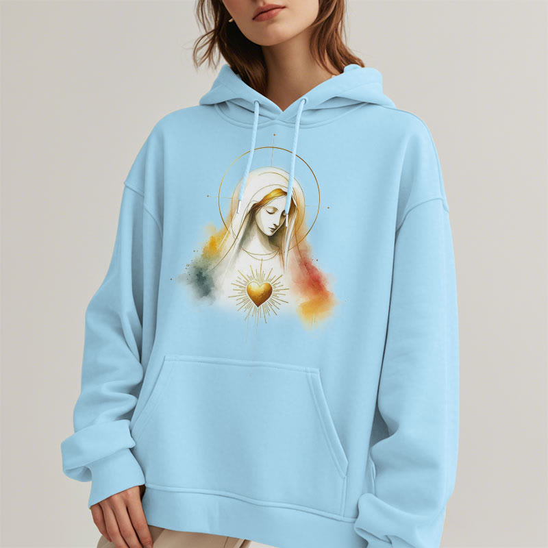christiandiscipleshop Modern Style Halo Sacred Heart Virgin Mary Fleece Lined Polyester Hoodie
