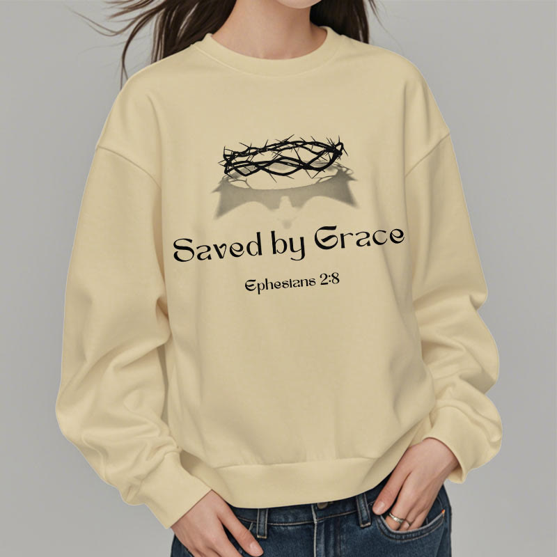 Christiandiscipleshop Quotation Style Saved By Grace Crown Fleece Lined Polyester Sweatshirt