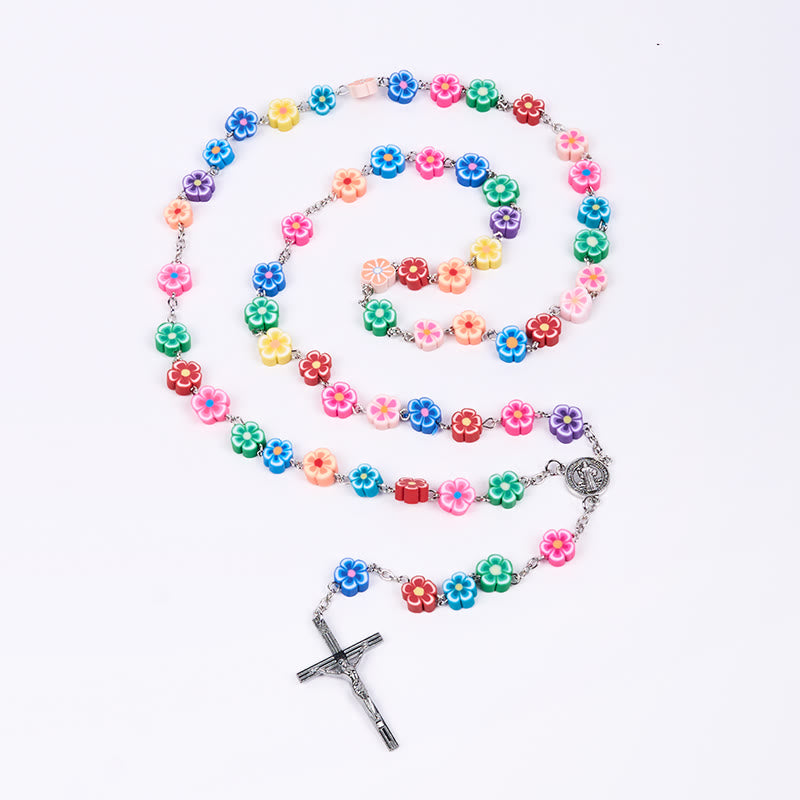 Christiandiscipleshop St. Benedict Medal & Crucifix of 8 mm Flower Multicolor Polymer Clay Alloy Chain Rosary