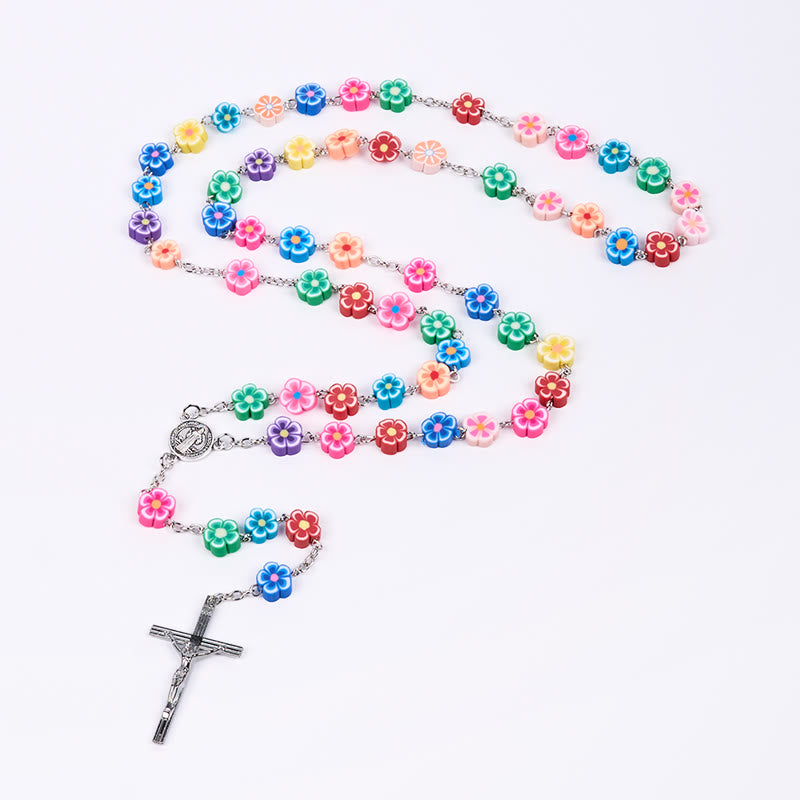 Christiandiscipleshop St. Benedict Medal & Crucifix of 8 mm Flower Multicolor Polymer Clay Alloy Chain Rosary