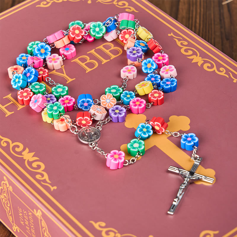 Christiandiscipleshop St. Benedict Medal & Crucifix of 8 mm Flower Multicolor Polymer Clay Alloy Chain Rosary