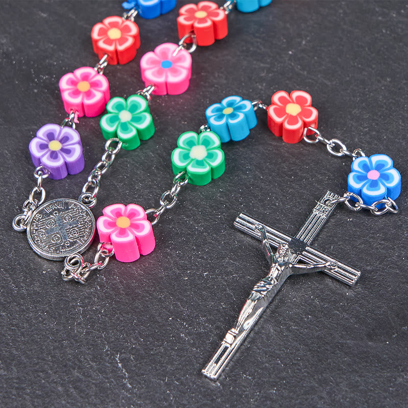 Christiandiscipleshop St. Benedict Medal & Crucifix of 8 mm Flower Multicolor Polymer Clay Alloy Chain Rosary