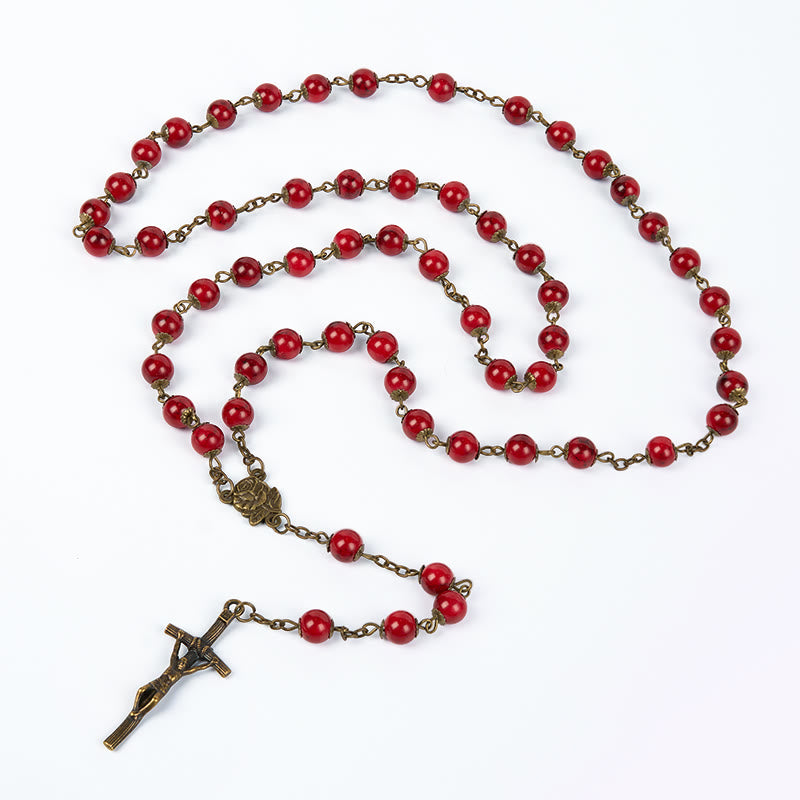 Christiandiscipleshop Rose & Crucifix of 8 mm Round Red Natural Stone Alloy Chain Rosary
