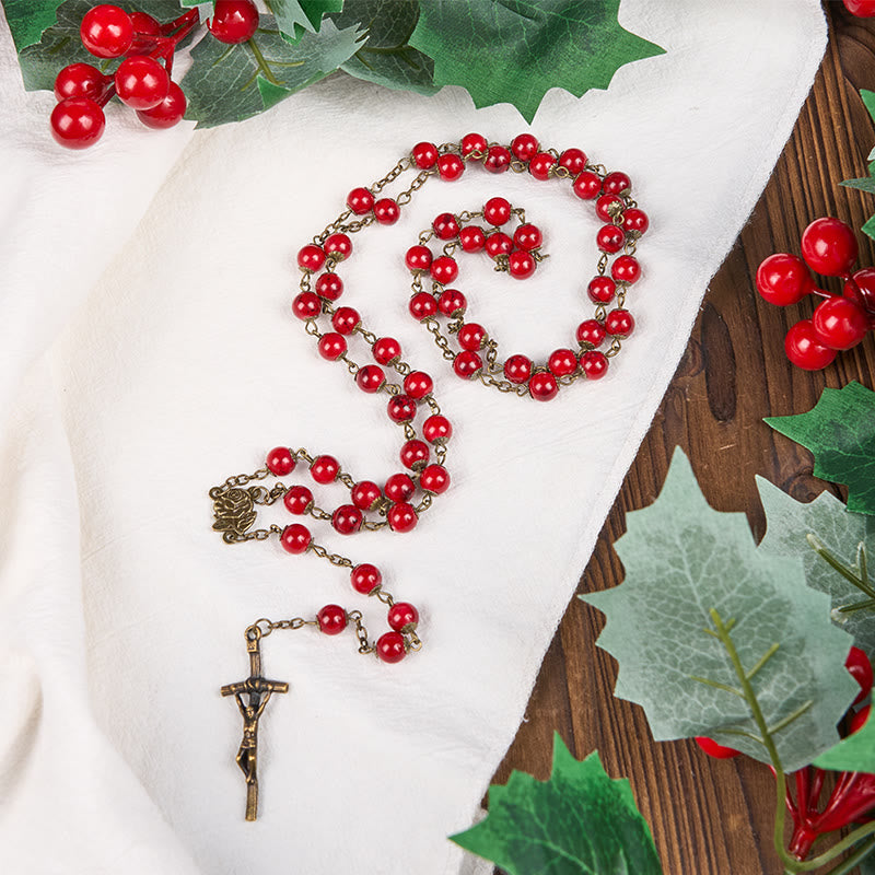 Christiandiscipleshop Rose & Crucifix of 8 mm Round Red Natural Stone Alloy Chain Rosary