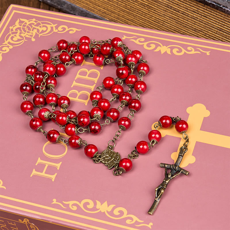 Christiandiscipleshop Rose & Crucifix of 8 mm Round Red Natural Stone Alloy Chain Rosary