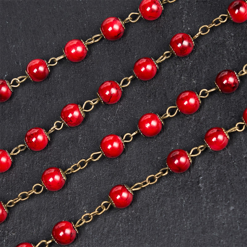 Christiandiscipleshop Rose & Crucifix of 8 mm Round Red Natural Stone Alloy Chain Rosary