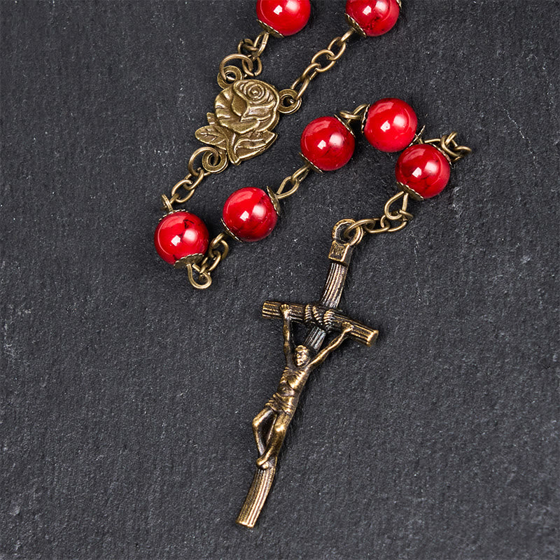 Christiandiscipleshop Rose & Crucifix of 8 mm Round Red Natural Stone Alloy Chain Rosary