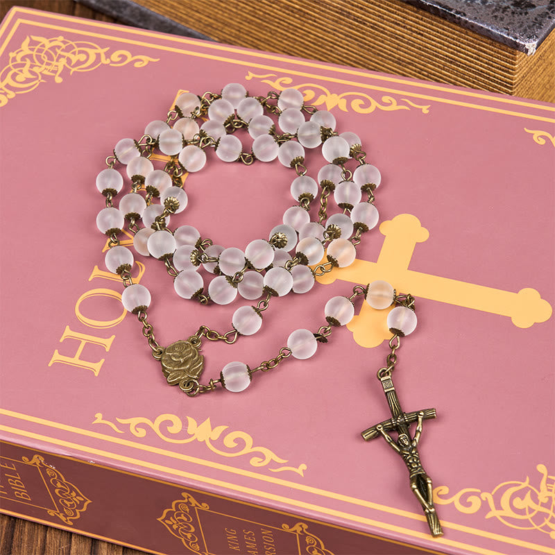 Christiandiscipleshop Rose & Crucifix of 8 mm Round Clear Glass Alloy Chain Rosary