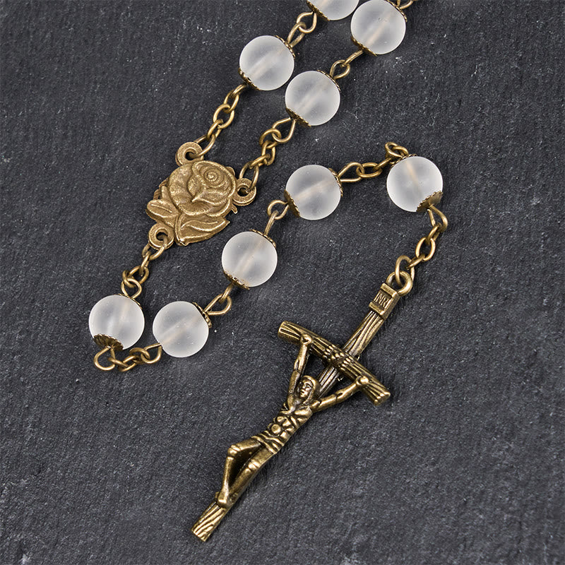 Christiandiscipleshop Rose & Crucifix of 8 mm Round Clear Glass Alloy Chain Rosary