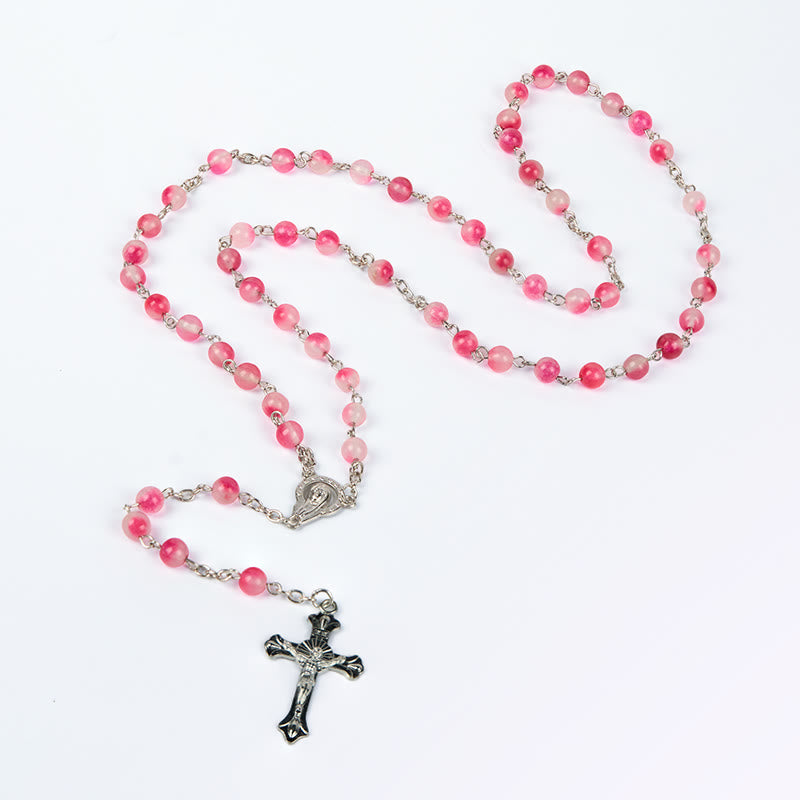 christiandiscipleshop Virgin Mary & Crucifix of 8 mm Round Pink Agate Alloy Chain Rosary