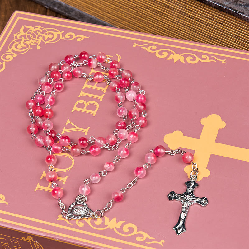 christiandiscipleshop Virgin Mary & Crucifix of 8 mm Round Pink Agate Alloy Chain Rosary