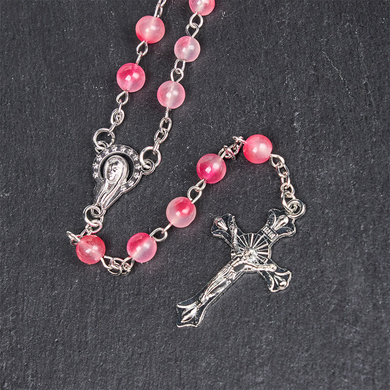 christiandiscipleshop Virgin Mary & Crucifix of 8 mm Round Pink Agate Alloy Chain Rosary