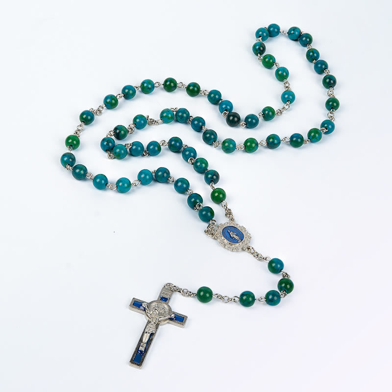 christiandiscipleshop Miraculous Medal & Crucifix of 8 mm Round Green Blue Stone Alloy Chain Rosary
