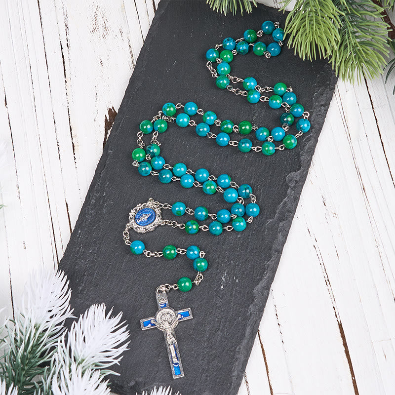 christiandiscipleshop Miraculous Medal & Crucifix of 8 mm Round Green Blue Stone Alloy Chain Rosary