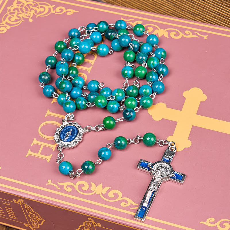 christiandiscipleshop Miraculous Medal & Crucifix of 8 mm Round Green Blue Stone Alloy Chain Rosary