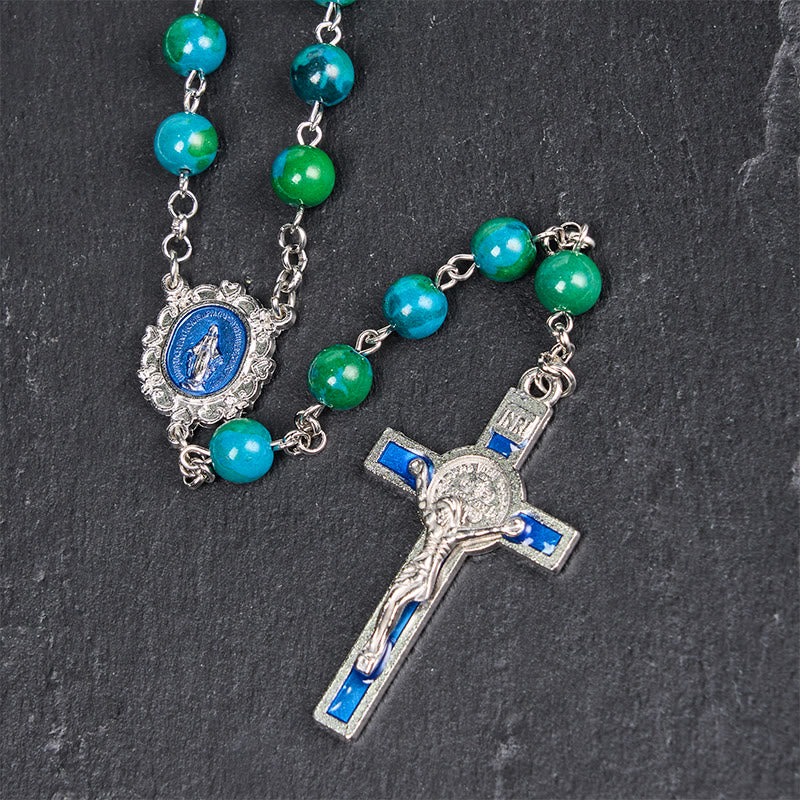 christiandiscipleshop Miraculous Medal & Crucifix of 8 mm Round Green Blue Stone Alloy Chain Rosary
