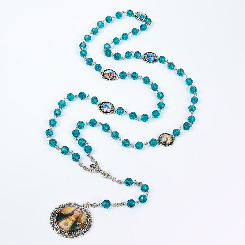 Christiandiscipleshop Sacred Heart of Jesus & Immaculate Heart of Mary of 8 mm Polyhedron Blue Glass Alloy Chain Rosary