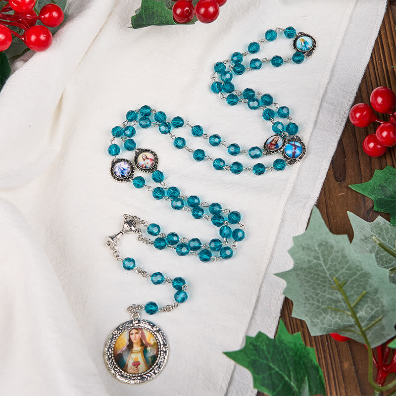 Christiandiscipleshop Sacred Heart of Jesus & Immaculate Heart of Mary of 8 mm Polyhedron Blue Glass Alloy Chain Rosary
